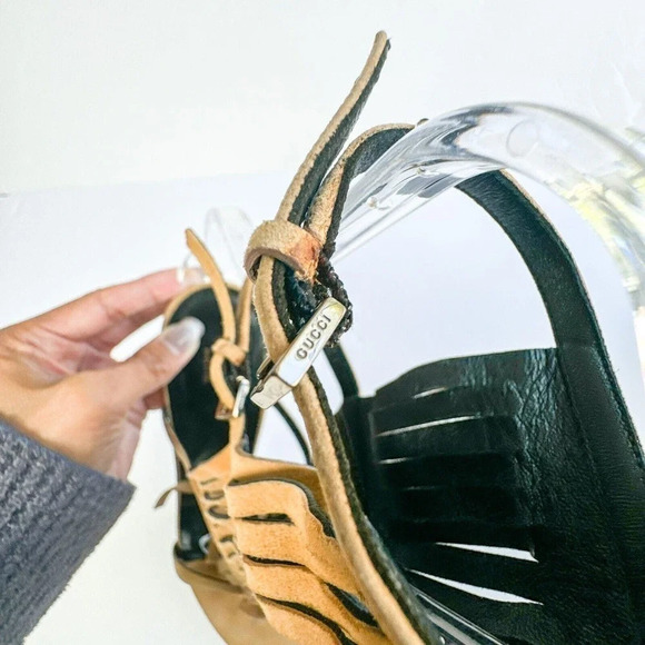 Gucci Becky Suede Fringe Camelia color Gladiator Sandal Heels 40/ US 10 - Picture 12 of 16